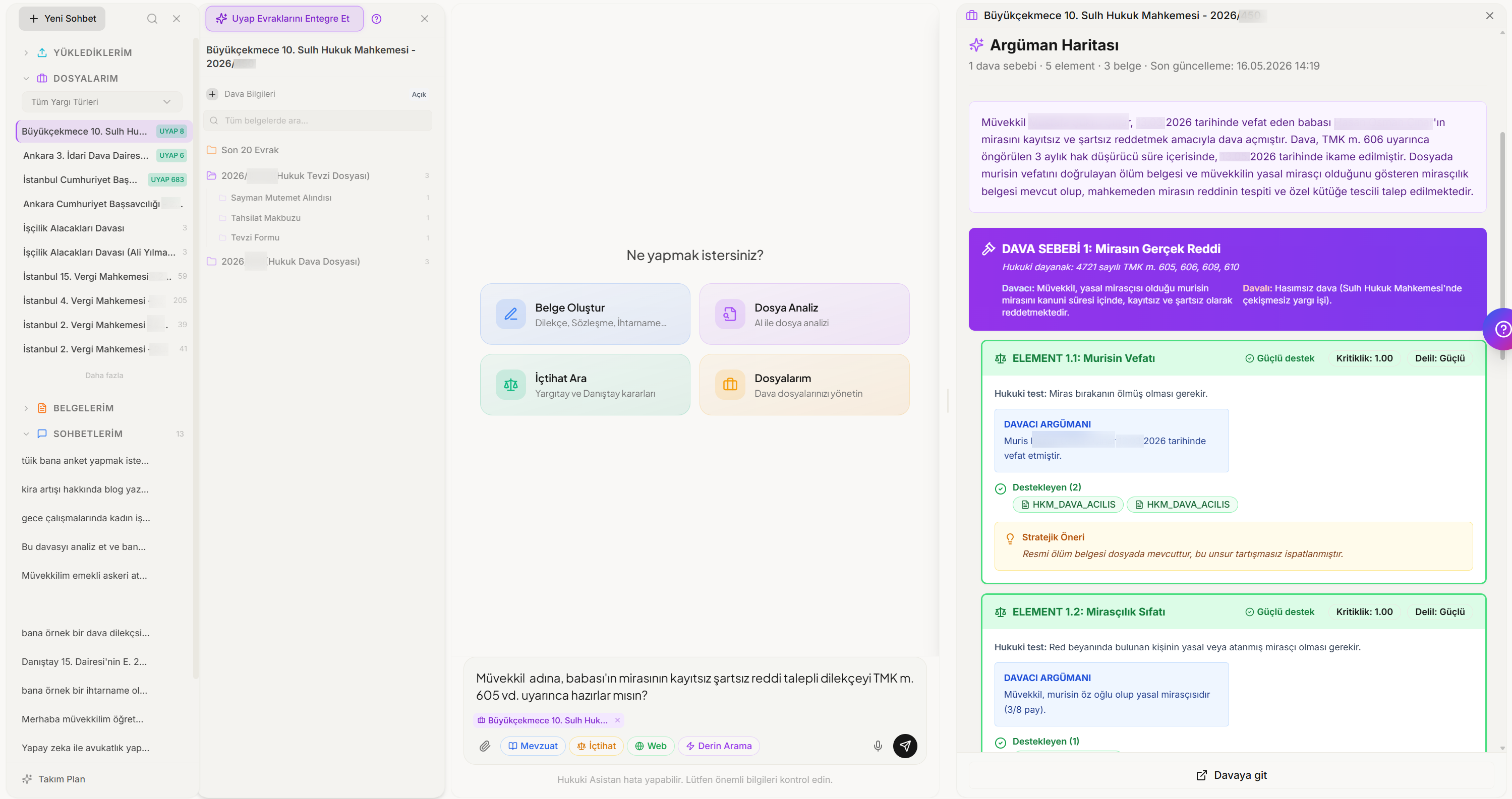 caseon.ai Hukuki Asistan — Üç panelli çalışma alanı
