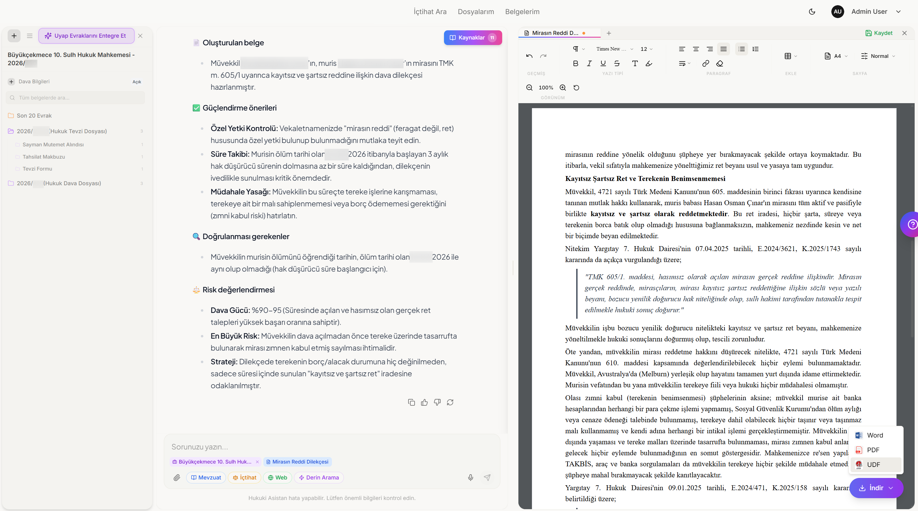 caseon.ai Hukuki Asistan — Dilekçe sağ panelde canlı yazılır